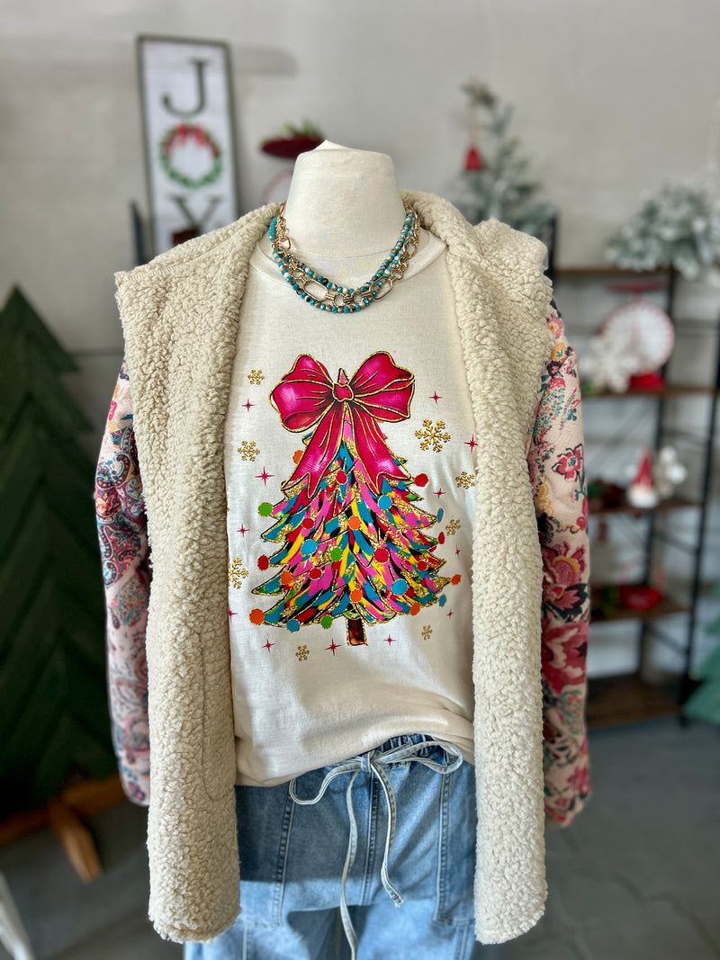 Women's Off White Watercolor Christmas Tree Crew Neck Tee