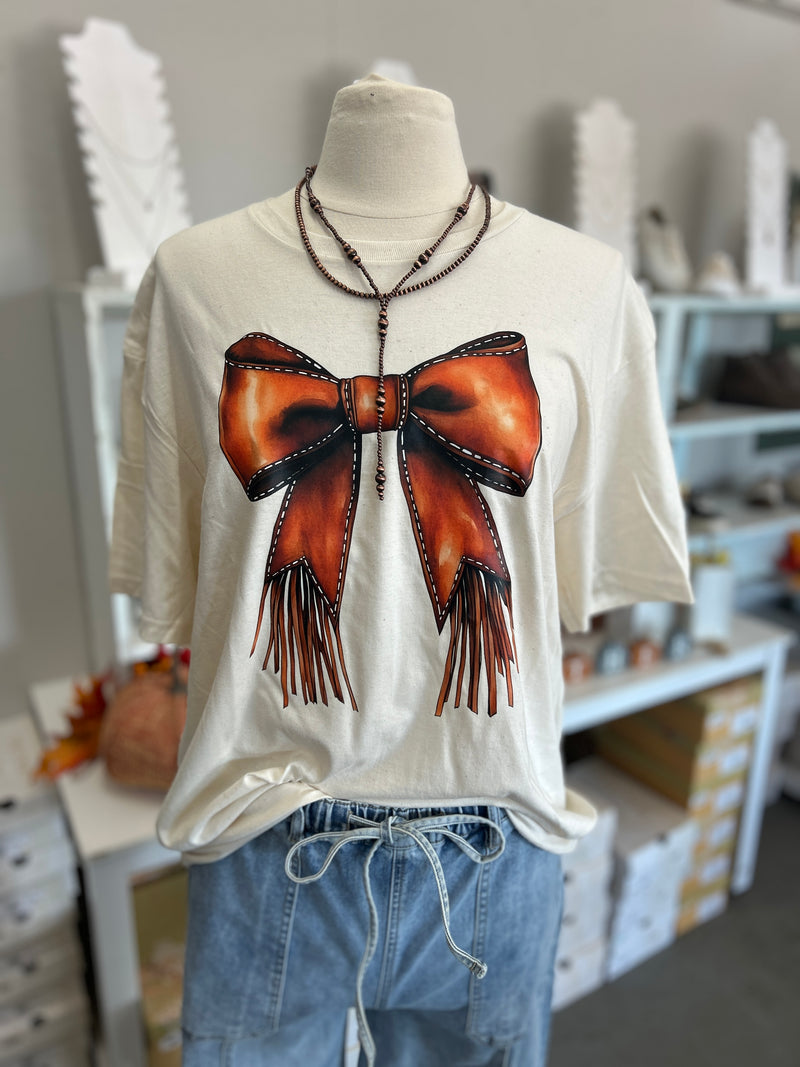 Women's Off White Western Bow Crew Neck Tee