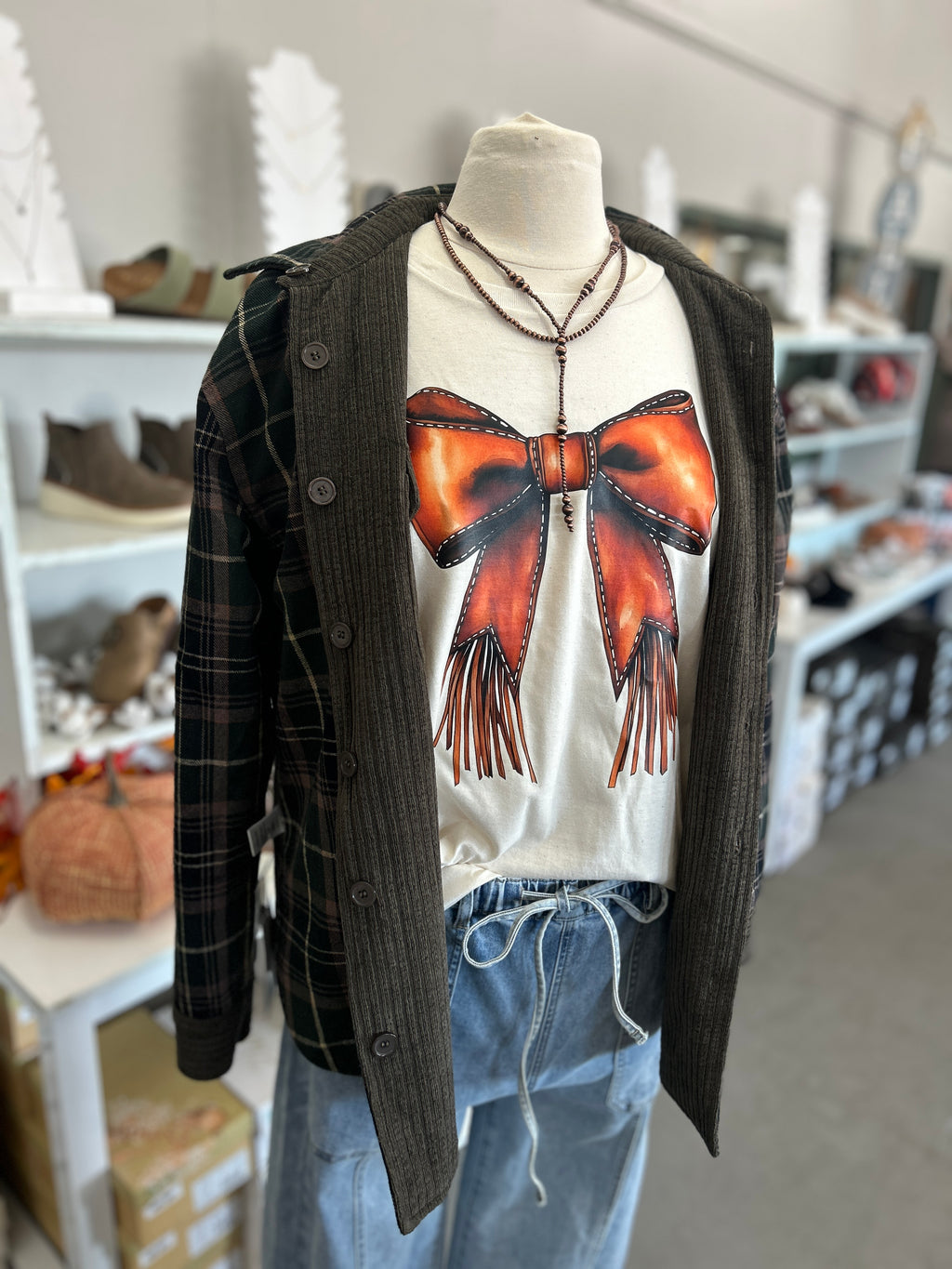 Women's Off White Western Bow Crew Neck Tee