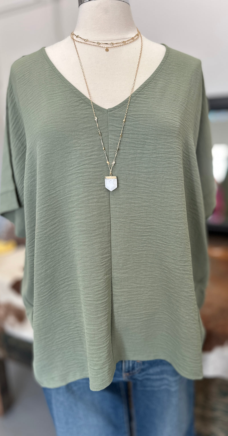 Women's Olive Woven Airflow V-Neck Top