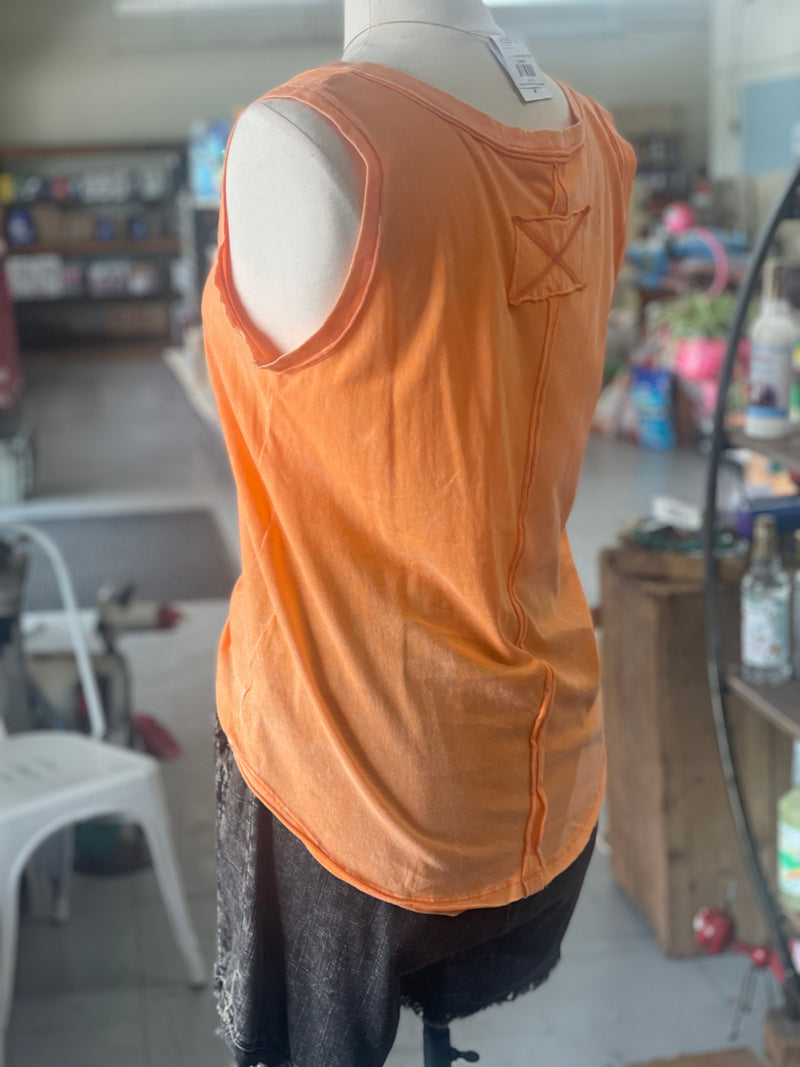 Women's Light Orange Crinkle Washed V-Neck Sleeveless Top