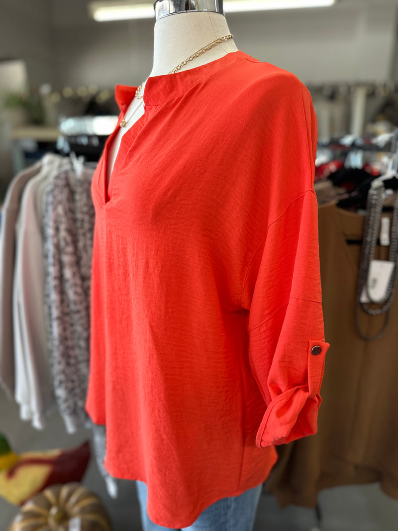 Women's Orange Long Sleeve Solid Woven Top