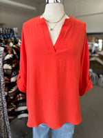 Women's Orange Long Sleeve Solid Woven Top