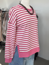 Women's Pink Striped Crew Neck Relaxed Fit Pullover