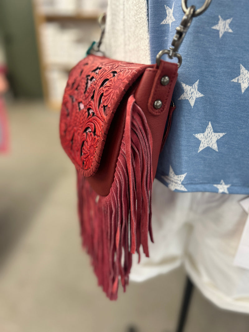 Montana West | Red Genuine Leather Tooled Fringe Crossbody