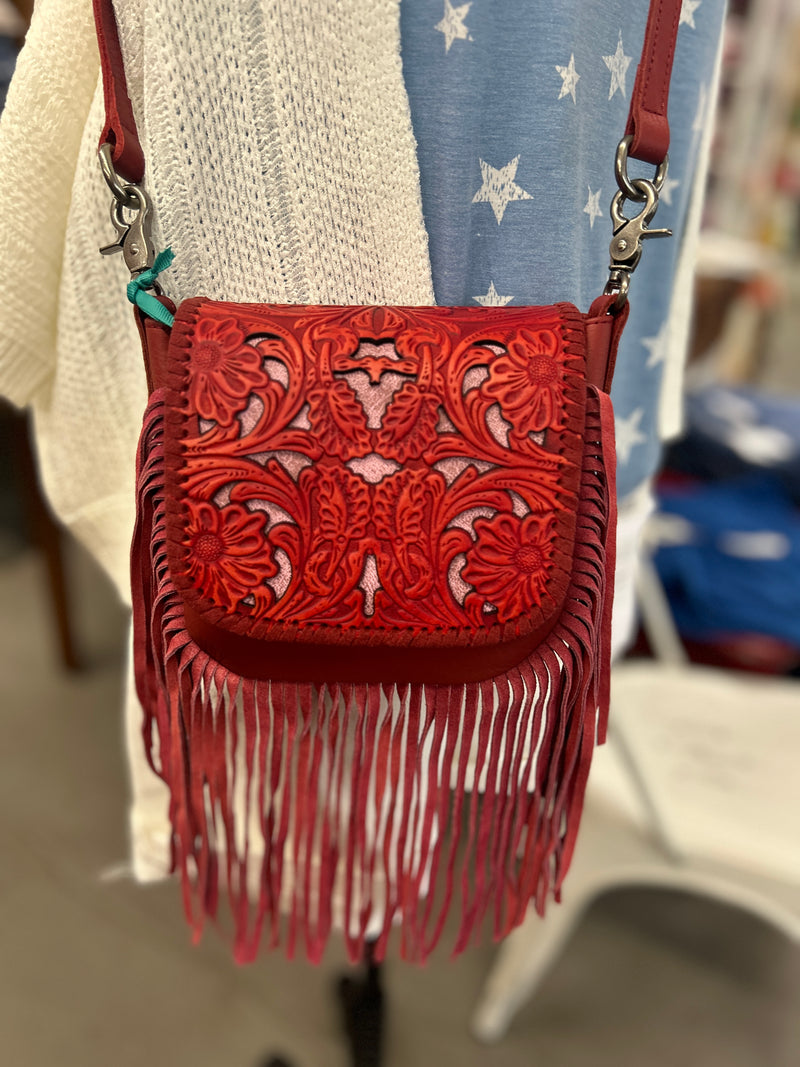 Montana West | Red Genuine Leather Tooled Fringe Crossbody