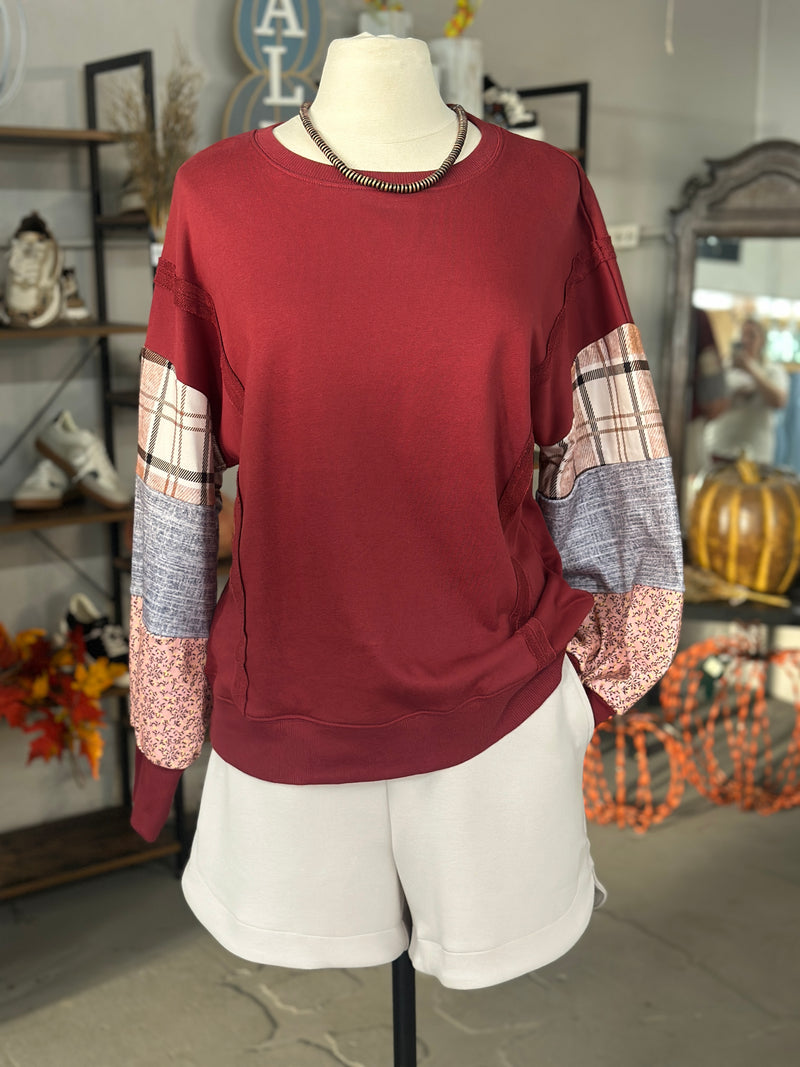 Women's Red Sandalwood Plaid Colorblock Patched Sleeve Raw Seam Sweatshirt