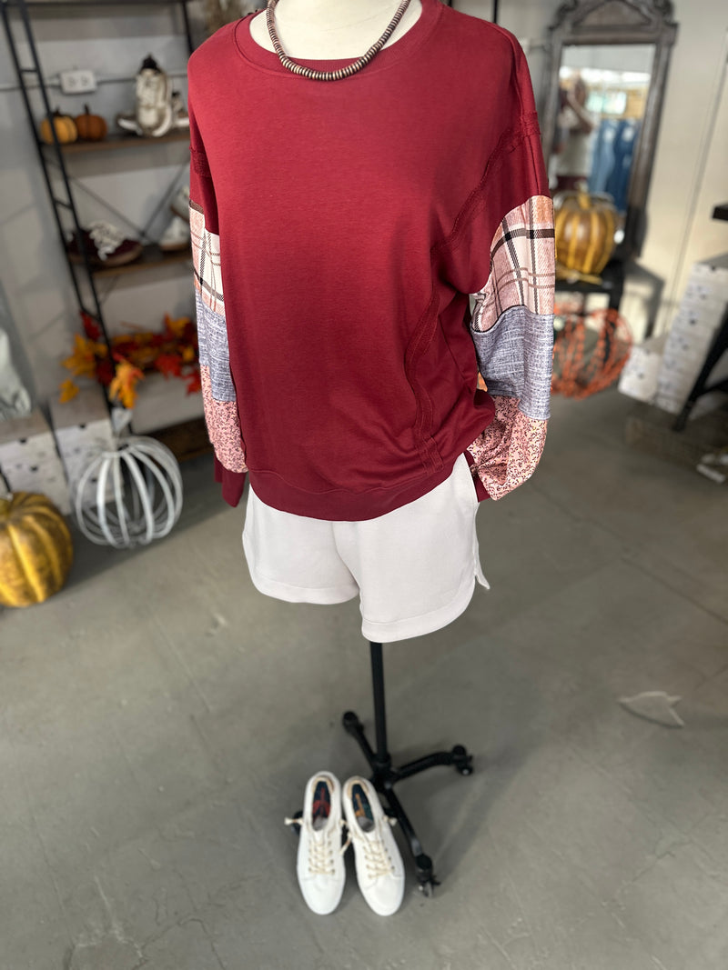 Women's Red Sandalwood Plaid Colorblock Patched Sleeve Raw Seam Sweatshirt
