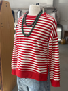 Women's Red Striped Crew Neck Relaxed Fit Pullover