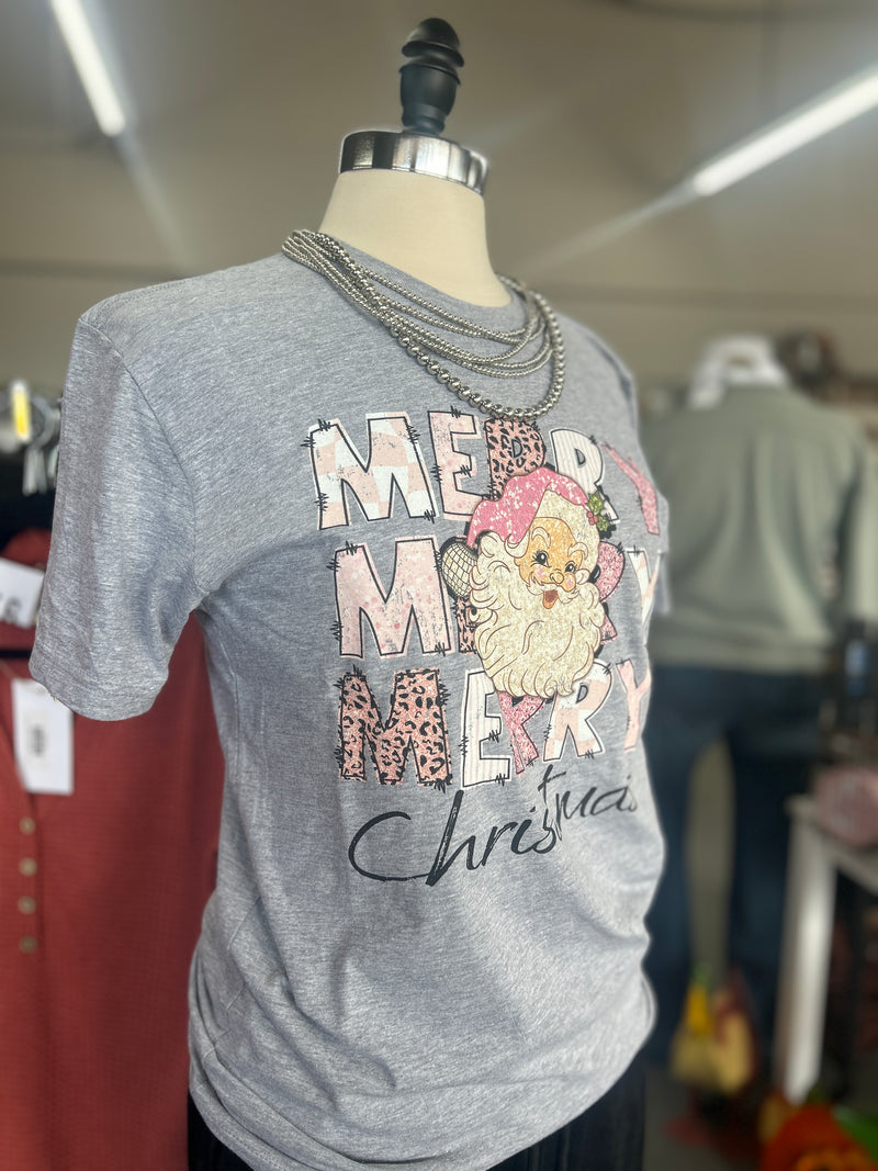 Women's Retro Pink Merry Christmas Crew Neck T-shirt