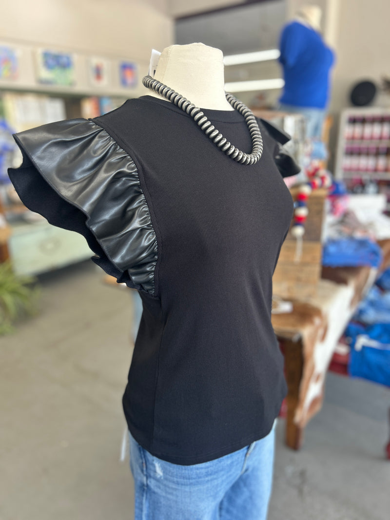 Women's Black Round Neck Top with Leather Ruffle Sleeve