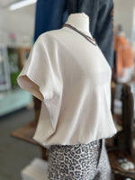 Women's Sand Beige Viscose Mock Neck Short Sleeve Boxy Sweater