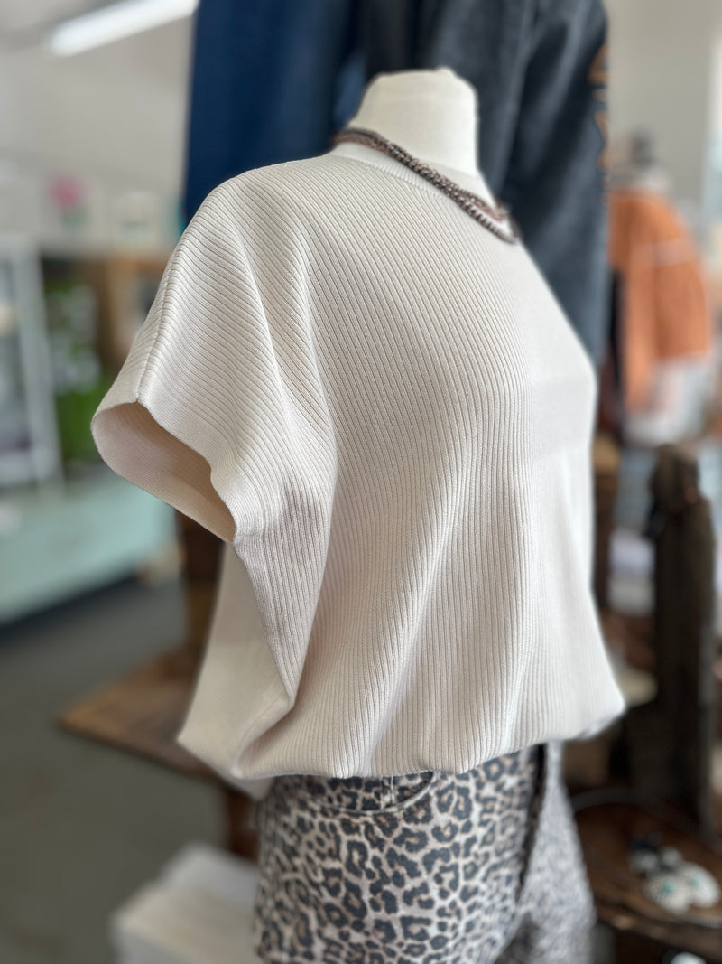 Women's Sand Beige Viscose Mock Neck Short Sleeve Boxy Sweater
