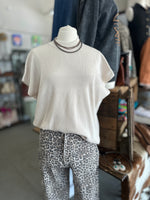 Women's Sand Beige Viscose Mock Neck Short Sleeve Boxy Sweater