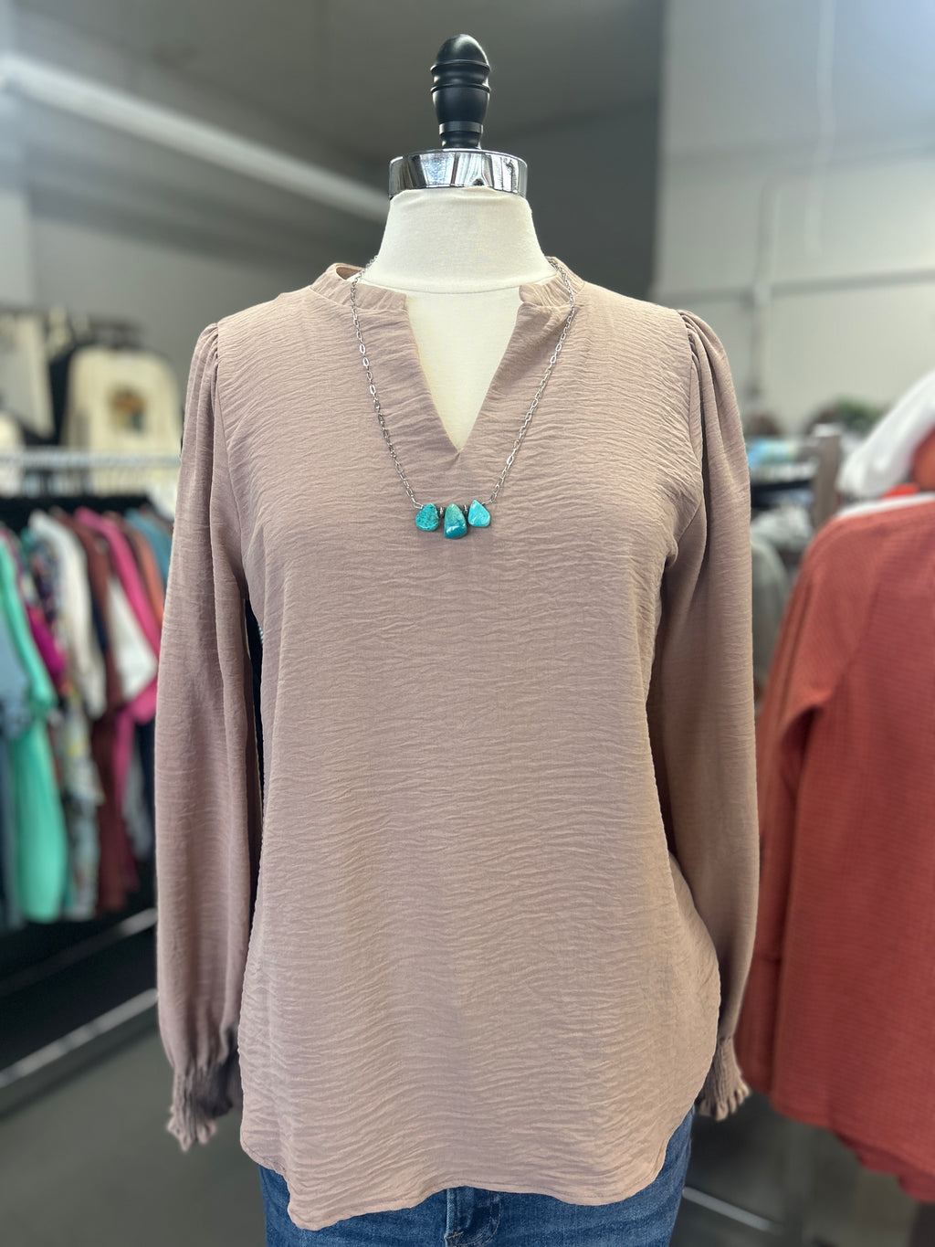 Women's Tan Long Sleeve Solid Woven Top