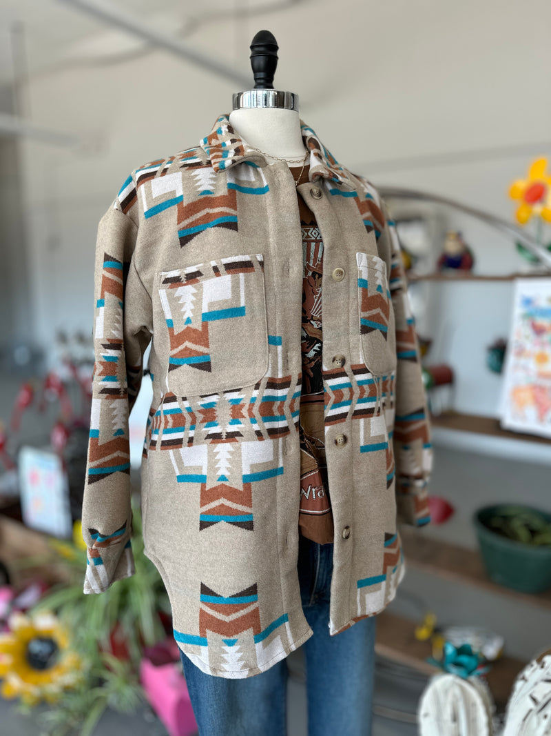 Women's Taupe + Teal Aztec Pattern Button Up Shacket