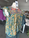 Savanna Jane | Women's Teal Aztec Print Embroidered Top with Flutter Sleeves