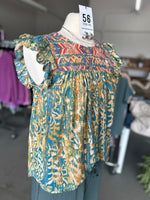 Savanna Jane | Women's Teal Aztec Print Embroidered Top with Flutter Sleeves