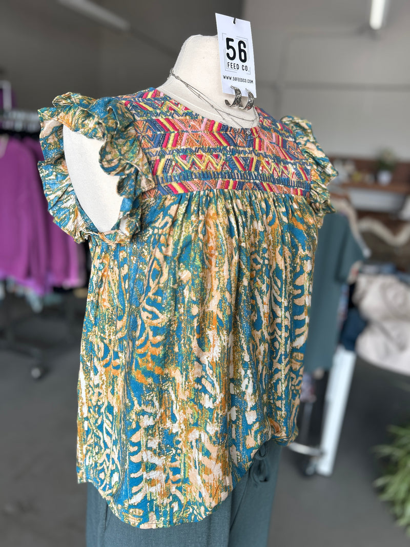 Savanna Jane | Women's Teal Aztec Print Embroidered Top with Flutter Sleeves