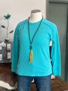 Women's Turquoise Long Sleeved Rib Textured Drop Shoulder Top