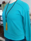 Women's Turquoise Long Sleeved Rib Textured Drop Shoulder Top