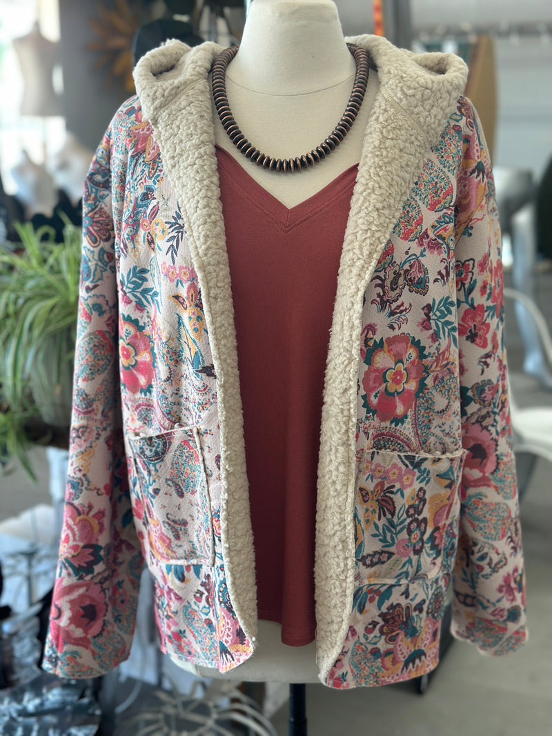 Women's Vintage Floral Paisley Sherpa Lined Hooded Jacket