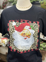 Women's Vintage Leopard Santa Black Crew Neck T-shirt