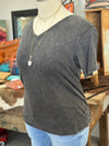 Women's Washed Ash Black Short Sleeve V-Neck Top