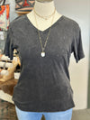 Women's Washed Ash Black Short Sleeve V-Neck Top