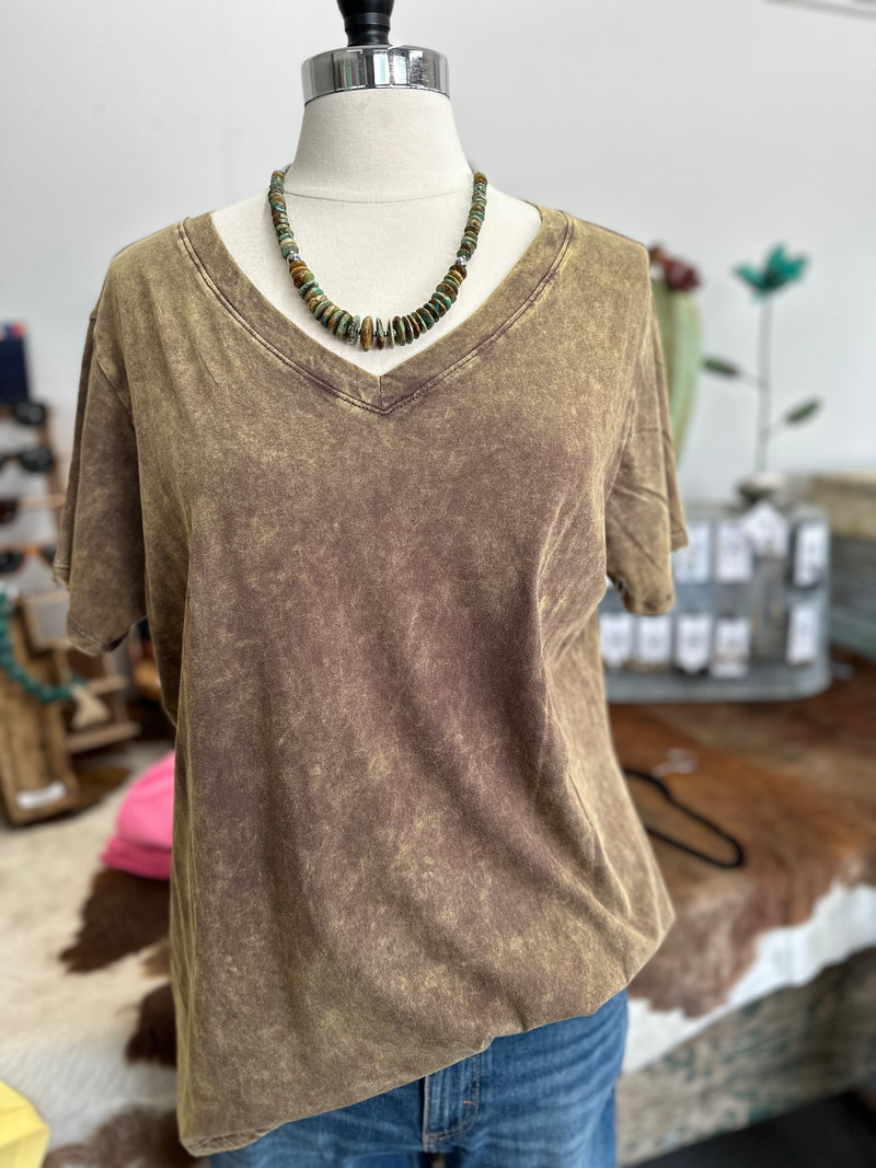 Women's Washed Mahogany Short Sleeve V-Neck Top