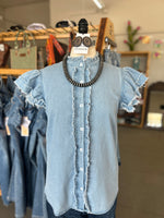 Women's Western Button Down Flutter Frayed Denim Top