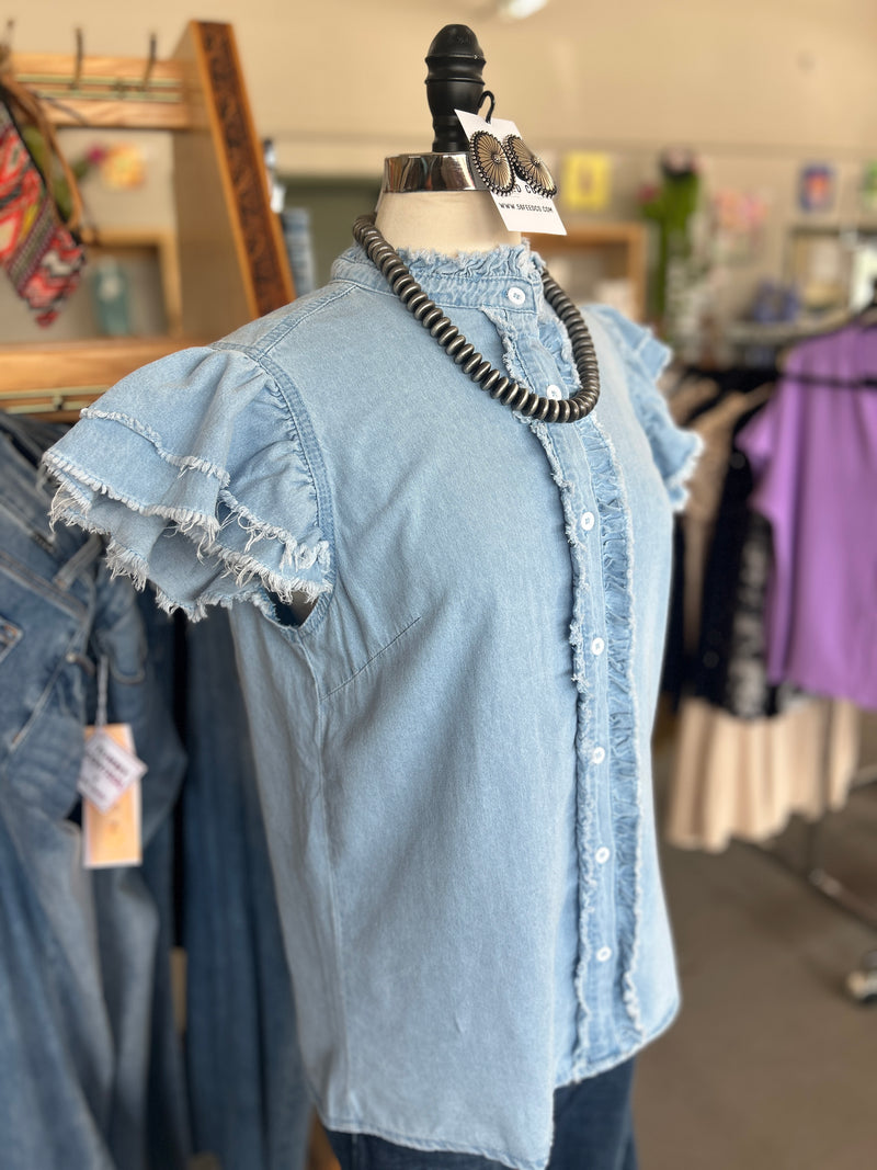 Women's Western Button Down Flutter Frayed Denim Top