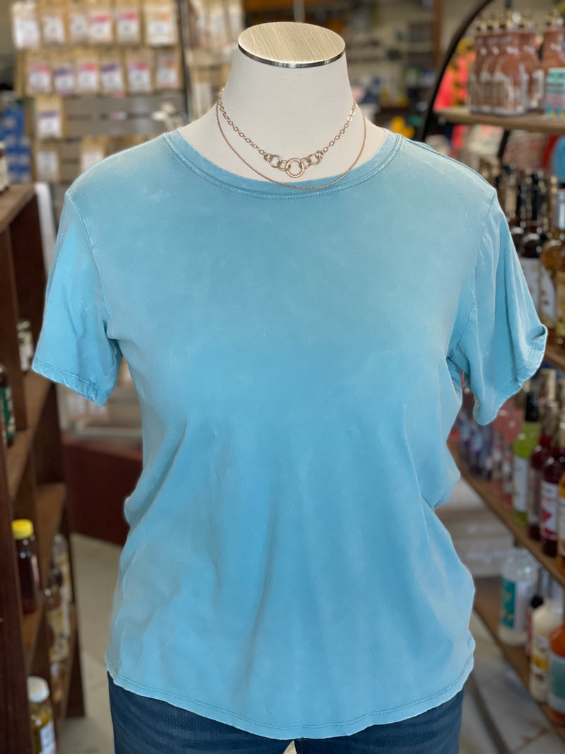 Women's White Washed Dusty Teal Short Sleeve Crew Neck Top