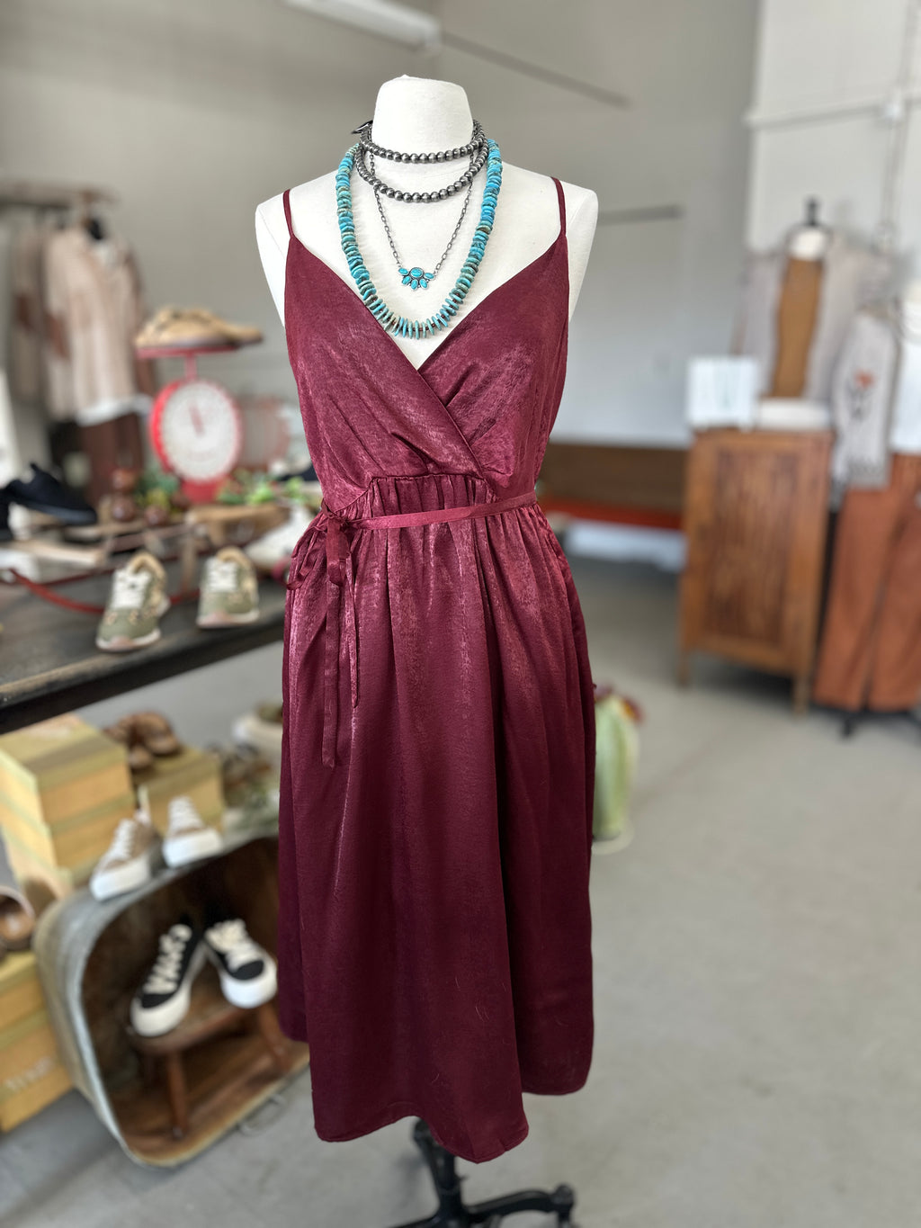 Women's Wine Crushed Satin Spaghetti Strap Long Surplice Dress