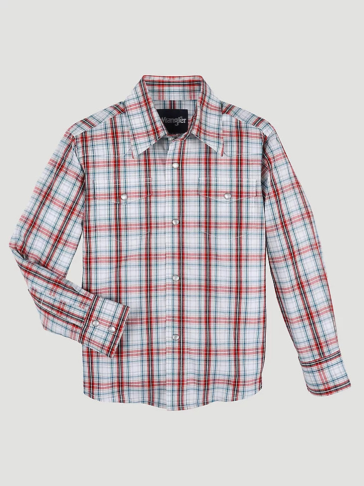 Wrangler® Boys Wrinkle Resistant Western Red + Blue Plaid Snap Longsleeve Shirt