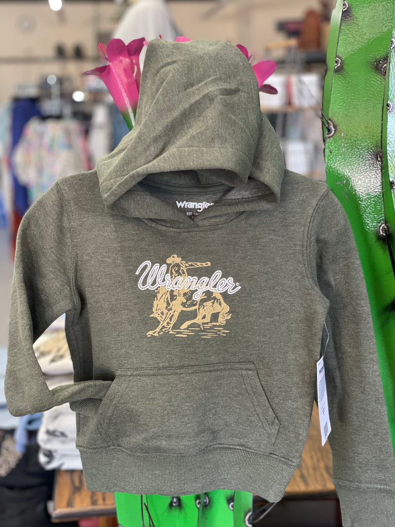 Wrangler® Boys Western Graphic Pullover Hoodie Bronco in Olive Heather [112339686]