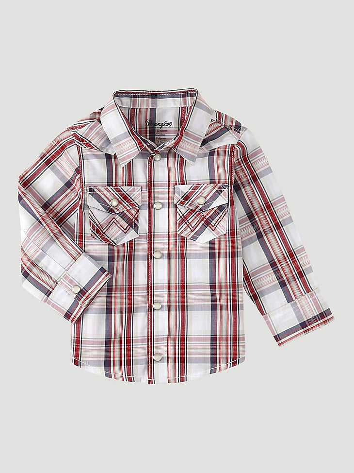 Wrangler® Baby Boy Red + Grey Plaid Long Sleeve Snap Shirt [112334563]