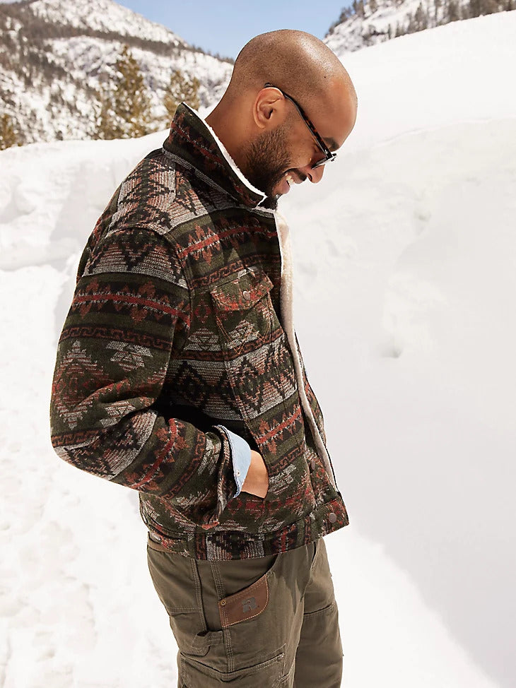Wrangler® Men's Sherpa Lined Jacquard Print Jacket in Olive [112335735]