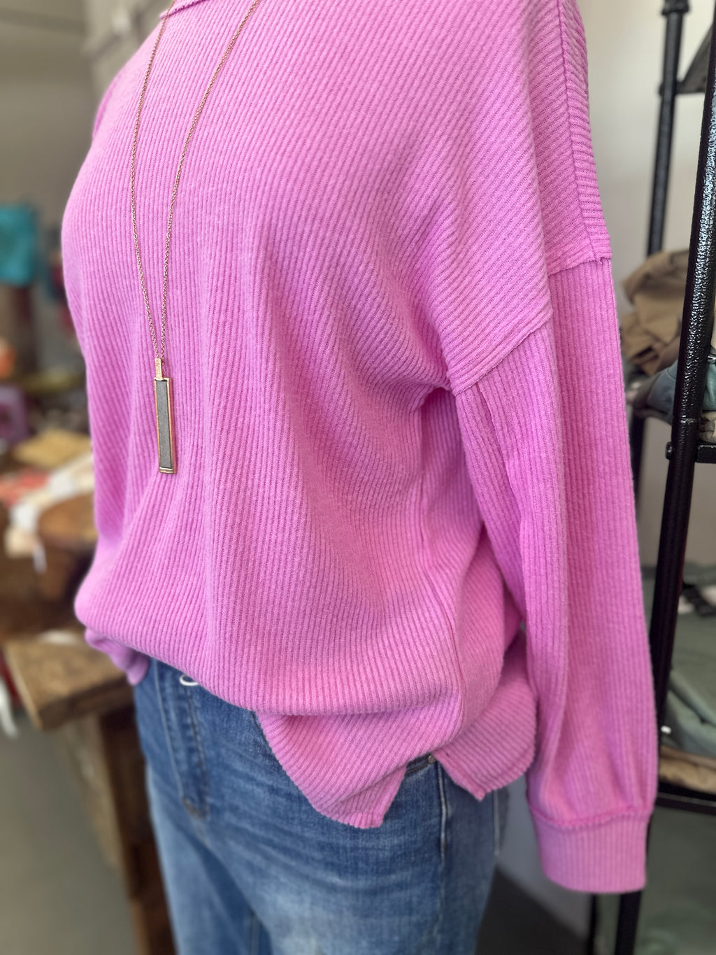 Women's Bright Mauve Ribbed Hacci Drop Shoulder Sweater