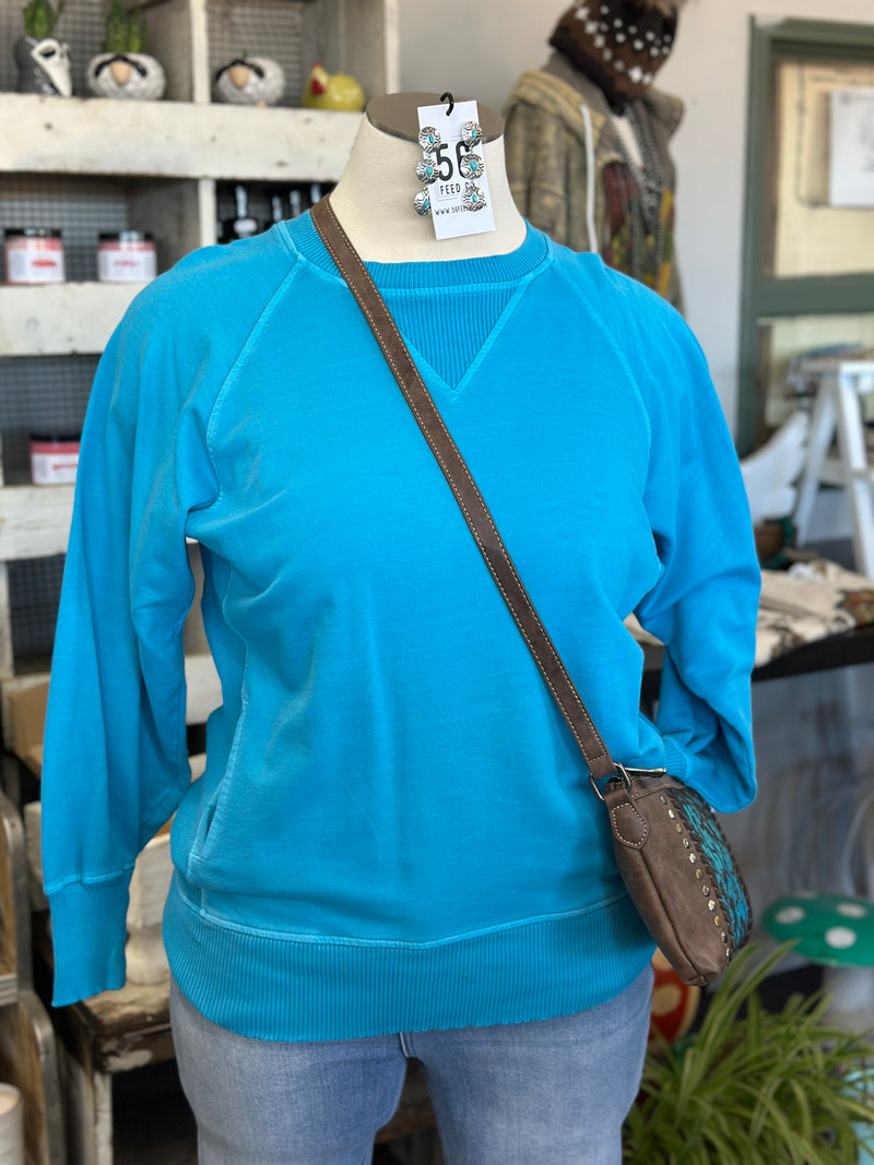 Women's Ice Blue Pigment Dyed French Terry Pullover with Pockets