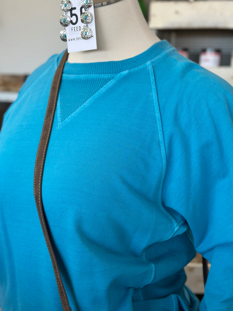 Women's Ice Blue Pigment Dyed French Terry Pullover with Pockets