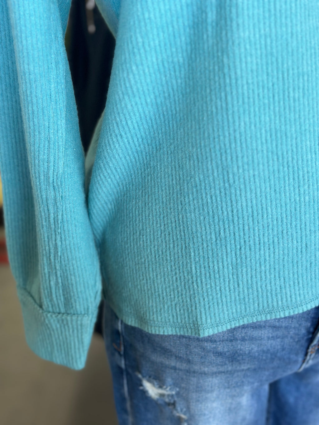 Women's Dusty Teal Brushed Ribbed Hacci Drop Should Sweater