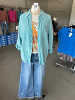 Women's Dusty Teal Washed Double Gauze Button Down Shirt