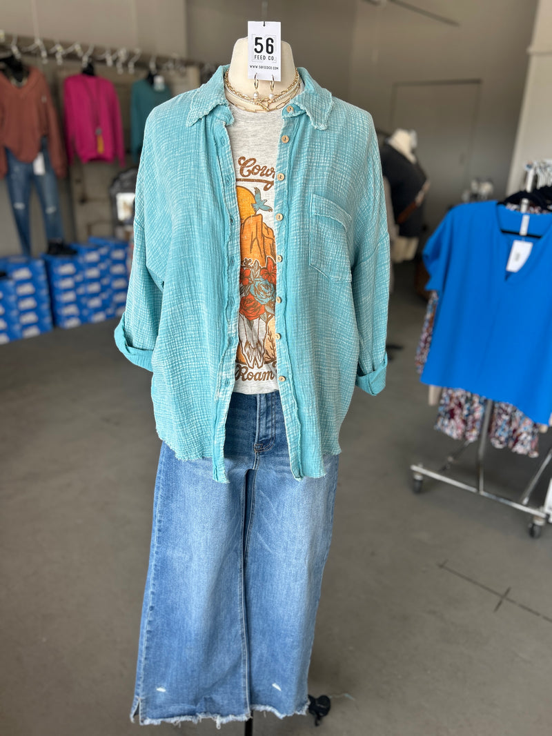 Women's Dusty Teal Washed Double Gauze Button Down Shirt