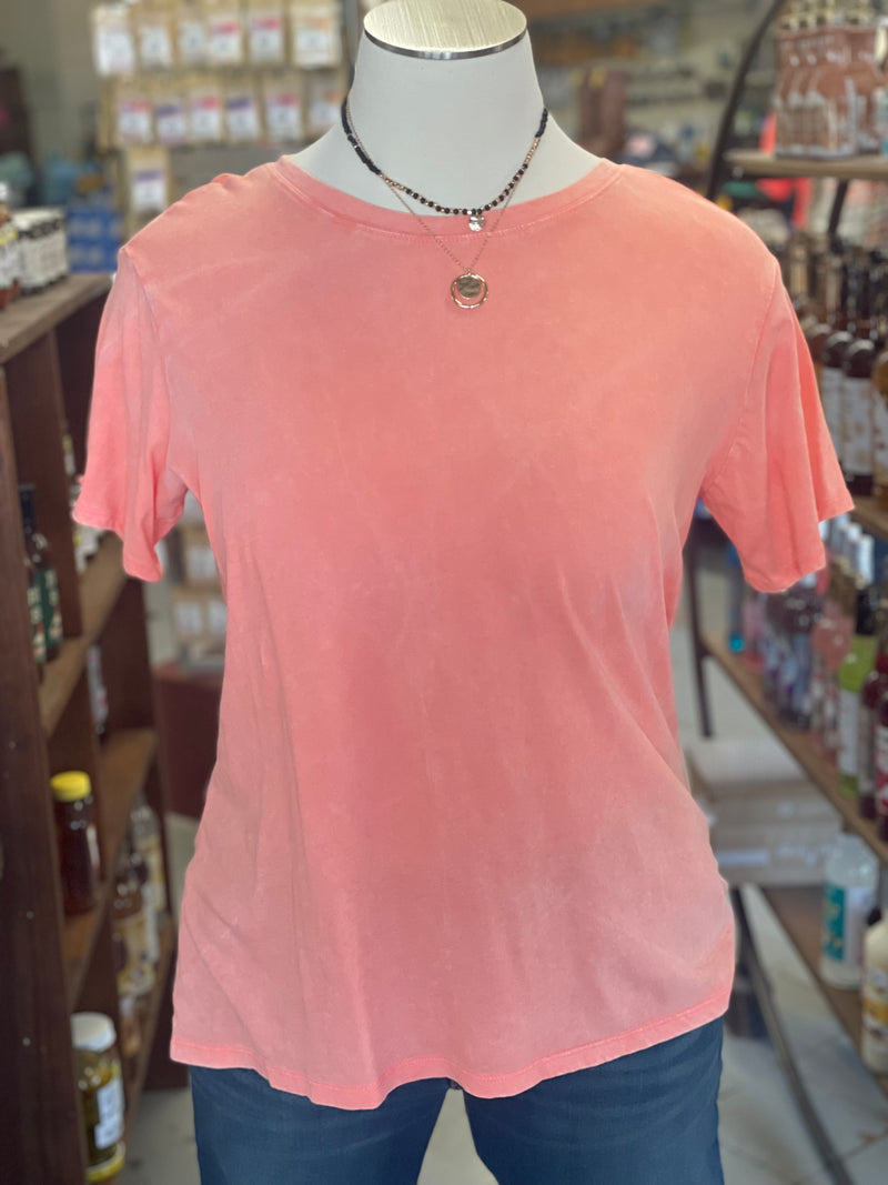 Women's White Washed Coral Short Sleeve Crew Neck Top