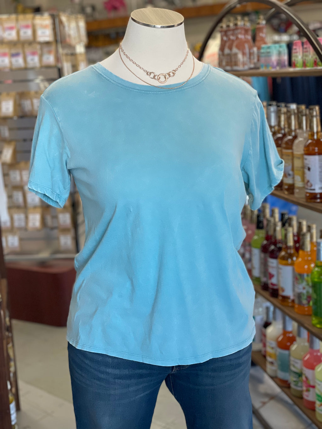 Women's White Washed Dusty Teal Short Sleeve Crew Neck Top