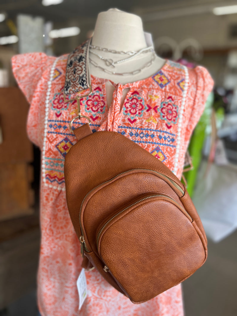 Zippered Crossbody Sling Bag With Patterned Strap