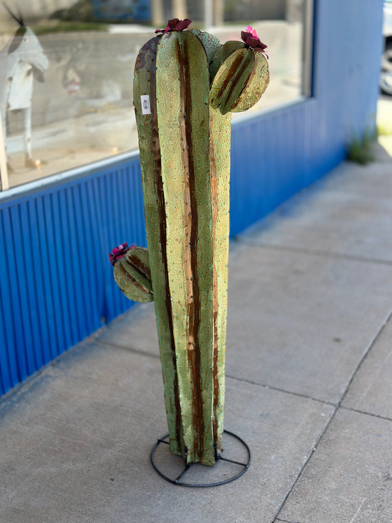 Green with Pink Flowers Barrell Cactus Metal Art