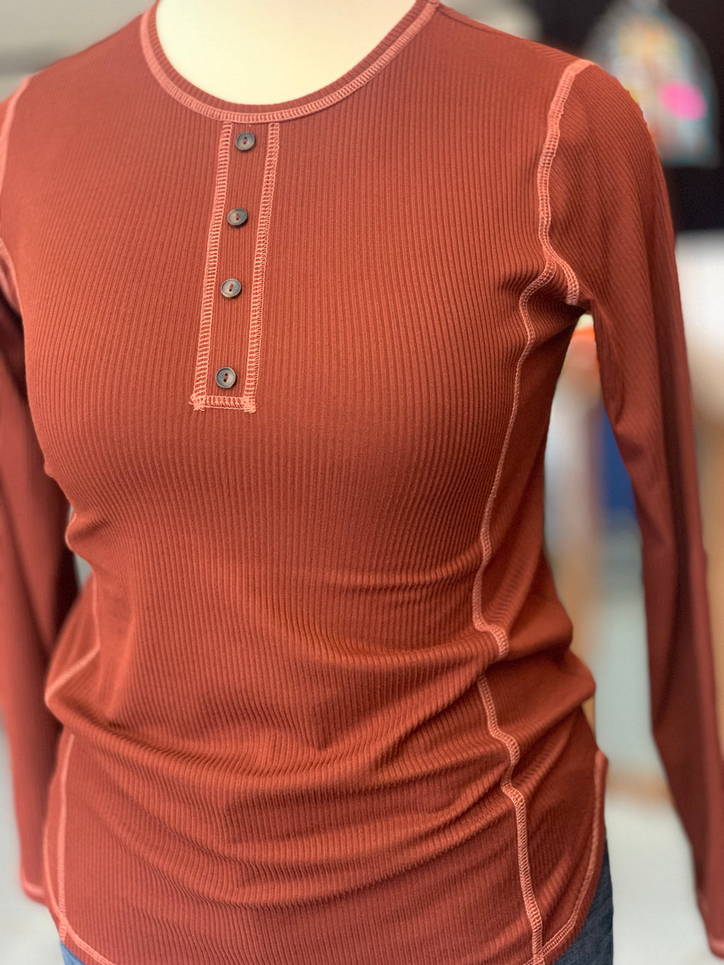 Solid Ribbed Rust Brown Top with Button