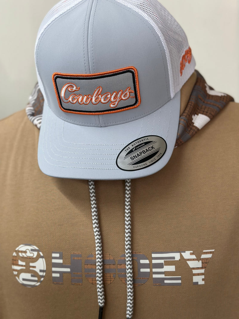Hooey l Oklahoma State Grey/White 6-Panel Trucker with Orange/White/Grey "Cowboys" Rectangle Patch
